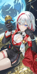 Rule 34 | 1girl, artist name, belt, black belt, black gloves, black sleeves, black unitard, blue eyes, breasts, cleavage, coin, colored inner hair, commentary request, cowboy shot, detached sleeves, gloves, haruri, highres, holding, holding coin, honkai: star rail, honkai (series), large breasts, looking at viewer, medium breasts, mole, mole on thigh, multicolored hair, parted lips, red eyes, short hair, sitting, smile, solo, streaked hair, thigh strap, topaz (honkai: star rail), white hair