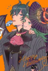 Rule 34 | 1boy, 1girl, alternate costume, ascot, black headwear, black skirt, blue eyes, blue hair, blunt bangs, bow, braid, byleth (fire emblem), byleth (male) (fire emblem), candy, costume, demon horns, demon wings, dress, fire emblem, fire emblem: three houses, fire emblem heroes, floating, food, green hair, halloween, halloween costume, hand on another&#039;s shoulder, happy halloween, hat, highres, holding, horns, licking, lollipop, long hair, matching hair/eyes, mizuno (iori-amu), multicolored hair, nintendo, official alternate costume, open mouth, orange background, orange dress, pointy ears, puffy short sleeves, puffy sleeves, sash, short sleeves, simple background, skirt, smile, sothis (fire emblem), striped, twin braids, very long hair, wings, witch hat, wristband