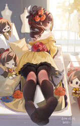 Rule 34 | 1girl, ass, bare shoulders, brown eyes, brown hair, brown pantyhose, character doll, chiori (genshin impact), commentary request, dated, genshin impact, haori, highres, indoors, japanese clothes, long hair, lying, mannequin, miaogujun, no shoes, off shoulder, on stomach, pantyhose, ponytail, profile, short sleeves, skirt, tamoto (genshin impact), thighs, yellow skirt