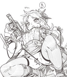 Rule 34 | 1girl, aran sweater, arknights, blush, cable knit, cleft of venus, feather hair, from behind, greyscale, gun, heart, holding, holding gun, holding weapon, long hair, monochrome, nail gun, no panties, open mouth, partially visible vulva, pinecone (arknights), seto tinami, simple background, skirt, solo, speech bubble, squatting, suspender skirt, suspenders, sweatdrop, sweater, thighhighs, upskirt, weapon, white background
