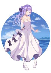 Rule 34 | 1girl, arm warmers, azur lane, bare shoulders, black bow, bow, breasts, cleavage, cloud, day, dress, dress bow, expressionless, full body, hair bun, hair ribbon, highres, long hair, looking at viewer, mary janes, medium breasts, pantyhose, purple eyes, purple hair, ribbon, shoes, single hair bun, strapless, strapless dress, unicorn (azur lane), water, white dress, white footwear, white pantyhose, yukiyaii