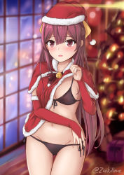 Rule 34 | 1girl, bell, bikini, bikini under clothes, black bikini, blurry, blurry background, bow, box, breasts, bridal gauntlets, capelet, christmas, christmas tree, cowboy shot, dress, elbow gloves, front-tie bikini top, front-tie top, fur-trimmed capelet, fur-trimmed dress, fur-trimmed gloves, fur-trimmed headwear, fur trim, gift, gift box, gloves, hair between eyes, hair bow, hand under clothes, hand under swimsuit, hat, jingle bell, kamikaze (kancolle), kantai collection, lifted by self, long hair, medium breasts, navel, parted lips, purple eyes, purple hair, red capelet, red gloves, santa costume, santa dress, santa hat, side-tie bikini bottom, solo, swimsuit, twitter username, window, yellow bow, zuikillme