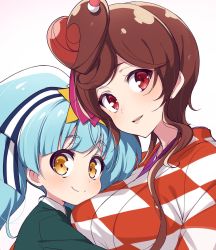 Rule 34 | 10s, 2girls, argyle, argyle clothes, argyle kimono, artist request, bad id, bad twitter id, blue hair, breasts, brown hair, checkered clothes, checkered kimono, close-up, commentary request, head on chest, highres, hoshikawa lily, japanese clothes, kimono, large breasts, long hair, looking at viewer, multiple girls, red eyes, smile, white background, yellow eyes, yuugiri (zombie land saga), zombie land saga