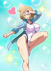 Rule 34 | 1girl, alternate breast size, aqua eyes, ass, bare legs, blue jacket, blush, breasts, bubble, competition swimsuit, covered erect nipples, covered navel, creatures (company), curvy, eyelashes, full body, game freak, gen 1 pokemon, gen 2 pokemon, green eyes, groin, gym leader, hands on own hips, heart, highleg, highleg swimsuit, highres, hitokiwa kenchin, holding, holding poke ball, huge breasts, jacket, large breasts, leg up, legs, long sleeves, looking at viewer, misty (pokemon), navel, nintendo, nipples, one-piece swimsuit, open clothes, open jacket, open mouth, orange hair, poke ball, poke ball (basic), pokemon, pokemon hgss, shiny skin, short hair, simple background, smile, solo, sparkle, sportswear, standing, standing on one leg, swimsuit, swimsuit under clothes, thick thighs, thighs, track jacket, white background, white jacket, white one-piece swimsuit, wide hips