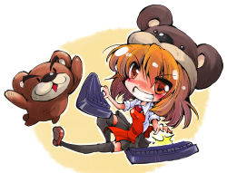 Rule 34 | 1girl, brown eyes, brown hair, character request, hat, instrument, keyboard (instrument), shinapuu, skirt, stuffed animal, stuffed toy, teddy bear, thighhighs