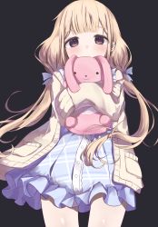 Rule 34 | 1girl, beige cardigan, black background, blonde hair, blush, cardigan, covered mouth, cowboy shot, dress, frilled dress, frills, futaba anzu, hair ornament, hair ribbon, highres, idolmaster, idolmaster cinderella girls, looking at viewer, low twintails, pleated dress, ribbon, simple background, sleeves past wrists, solo, stuffed animal, stuffed rabbit, stuffed toy, tsuchi (sh spica1), twintails