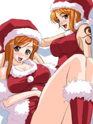 Rule 34 | 00s, 2girls, bare shoulders, bleach, blouse, blush, breasts, brown eyes, christmas, crossover, female focus, fur-trimmed headwear, fur trim, hair ornament, hat, inoue orihime, kagami hirotaka, legs, long hair, looking at viewer, multiple girls, nami (one piece), one piece, open mouth, orange hair, parted bangs, red shirt, santa costume, santa hat, shadow, shirt, short hair, shoulder tattoo, simple background, sitting, tattoo, thighs, white background