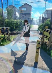 Rule 34 | 1girl, backpack, bag, black bag, black hair, black necktie, black skirt, blue eyes, blue necktie, blue sky, brown footwear, bush, cloud, cloudy sky, collared shirt, day, diagonal-striped clothes, diagonal-striped necktie, highres, holding, holding umbrella, house, loafers, looking at viewer, necktie, open mouth, original, outdoors, pleated skirt, puddle, railroad crossing, railroad signal, railroad tracks, rainbow, reflection, reflective water, sakeharasu, scenery, school uniform, shadow, shirt, shoes, short hair, skirt, sky, sleeves rolled up, smile, socks, solo, standing, striped clothes, transparent, transparent umbrella, two-tone necktie, umbrella, wet floor, white shirt, wide shot