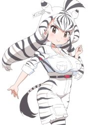 1girl absurdres animal_ears animal_print black_hair blush breasts cargo_shorts chapman&#039;s_zebra_(kemono_friends) cleavage extra_ears highres kemono_friends kemono_friends_3 large_breasts long_hair long_sleeves looking_at_viewer masuyama_ryou multicolored_hair print_shorts shirt shorts smile solo striped_hair tail two-tone_hair white_hair zebra_ears zebra_girl zebra_print zebra_tail