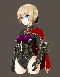 Rule 34 | 1girl, armored leotard, bad id, bad pixiv id, black background, black gloves, black leotard, blue eyes, braid, breasts, brown background, cape, closed mouth, commentary, cowboy shot, cropped legs, expressionless, gauntlets, gloves, granblue fantasy, high collar, hotori (sion), leotard, long sleeves, looking to the side, medium breasts, red cape, short hair, simple background, solo, standing