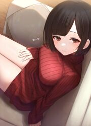 Rule 34 | 1girl, absurdres, black hair, breasts, brown eyes, closed mouth, commentary request, couch, highres, hoshimiya aki, lap pillow invitation, long sleeves, medium breasts, on couch, original, parted bangs, red sweater, revision, ribbed sweater, sitting, sleeves past wrists, smile, solo, sweater, translation request, turtleneck, turtleneck sweater, wooden floor