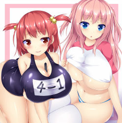 Rule 34 | 2girls, :o, bad id, bad pixiv id, bare shoulders, belly, between breasts, blue eyes, breasts, cleavage, clothes lift, huge breasts, long hair, looking at viewer, multiple girls, navel, no pants, one-piece swimsuit, original, panties, parted lips, pink hair, raglan sleeves, red eyes, red hair, school swimsuit, shirt lift, short twintails, simple background, skindentation, smile, striped clothes, striped panties, swimsuit, thighhighs, twintails, underboob, underwear, white legwear, yahiro (anhnw)