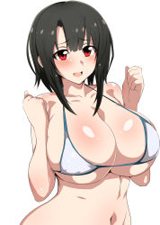 Rule 34 | 1girl, bikini, black hair, breasts, cleavage, clenched hands, collarbone, highres, huge breasts, kantai collection, looking at viewer, medium hair, navel, open mouth, red eyes, seihekiog, sidelocks, simple background, skindentation, smile, solo, stomach, swimsuit, takao (kancolle), underboob, upper body, white background, white bikini