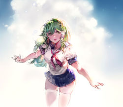 Rule 34 | 1girl, alternate costume, blue sky, breasts, cloud, cowboy shot, day, frog hair ornament, green eyes, green hair, hair ornament, kishiyo, kochiya sanae, large breasts, neckerchief, open mouth, outstretched arms, puffy short sleeves, puffy sleeves, revision, school uniform, serafuku, shirt, short sleeves, skindentation, skirt, sky, smile, snake hair ornament, solo, thighhighs, touhou, uniform, white thighhighs, zettai ryouiki
