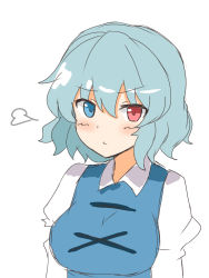 Rule 34 | 1girl, bad id, bad pixiv id, blue eyes, blue hair, blue vest, blush, breasts, breath, closed eyes, collared shirt, cross-laced clothes, heterochromia, long sleeves, looking at viewer, medium breasts, puffy long sleeves, puffy sleeves, red eyes, shirt, short hair, simple background, solo, tatara kogasa, theon (te2eo), touhou, upper body, vest, white background, white shirt