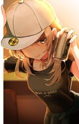 Rule 34 | 1girl, absurdres, asahi breweries, baseball cap, beer can, black shirt, can, clothes around waist, commentary request, drink can, dusk, earclip, girls band cry, grey eyes, grin, hat, highres, holding, holding can, jacket, jacket around waist, jewelry, kawaragi momoka, light brown hair, long hair, masada mode, necklace, open mouth, shirt, short sleeves, smile, solo, sweat, upper body, white hat