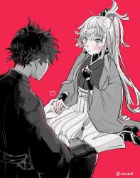 Rule 34 | 1boy, 1girl, blush, fate/grand order, fate/samurai remnant, fate (series), from behind, greyscale with colored background, hair ornament, hakama, hakama skirt, hand on own chest, heart, holding hands, japanese clothes, kimono, long hair, looking at another, miyamoto iori (fate), ponytail, red background, shoes, short hair, short ponytail, simple background, sitting, skirt, sweatdrop, twitter username, uhana, wide sleeves, yui shousetsu (fate)
