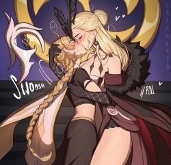Rule 34 | 1boy, 1girl, aether (genshin impact), black gloves, black mask, blonde hair, blush, breasts, brown hair, closed eyes, coat, commission, creamboyo, dangle earrings, earrings, elbow gloves, french kiss, fur-trimmed coat, fur trim, genshin impact, gloves, hair bun, half mask, height difference, hetero, highres, jewelry, kiss, large breasts, long braid, long hair, mask, nose blush, signora (genshin impact), single hair bun, tall female, thighs