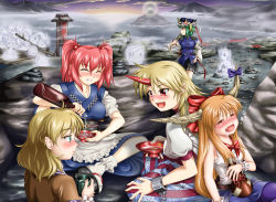 Rule 34 | 5girls, ^ ^, alcohol, anger vein, arm warmers, belt, blonde hair, blush, boat, bottle, bow, breasts, bubble, buttons, chain, child, chimu, closed eyes, cloud, cuffs, cup, drooling, drunk, eye contact, fang, female focus, fingernails, flower, frown, geta, ghost, green eyes, green hair, hair bobbles, hair bow, hair ornament, hat, hitodama, horn ornament, horn ribbon, horns, hoshiguma yuugi, ibuki suika, jitome, lighthouse, long sleeves, looking at another, looking away, medium breasts, mizuhashi parsee, mountain, multiple girls, oar, onozuka komachi, open mouth, orange hair, pier, pointy ears, profile, red eyes, red hair, ribbon, river, rod of remorse, sakazuki, sake, shackles, shiki eiki, shirt, short sleeves, sign, single horn, sitting, skirt, sky, sleeveless, sleeveless shirt, small breasts, smile, spider lily, squeans, star (symbol), stone, tabi, teeth, tongue, touhou, twilight, twintails, two side up, vest, watercraft, wrist cuffs