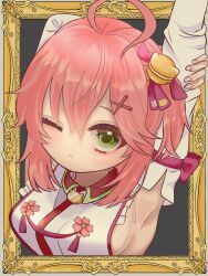 Rule 34 | 1girl, ahoge, arms up, bell, border, breasts, chajo1225, cross hair ornament, detached sleeves, eyelashes, green eyes, hair bell, hair ornament, highres, hololive, looking at viewer, one eye closed, one side up, ornate border, outside border, picture frame, pink hair, portrait, sakura miko, sakura miko (1st costume), sideboob, solo, stretching, virtual youtuber