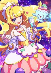 Rule 34 | 1girl, :d, apron, back bow, blonde hair, blue eyes, bow, bridal gauntlets, brooch, candy, cowboy shot, cup, cure finale, delicious party precure, dot nose, food, food-themed hair ornament, green bow, hair ornament, heart, heart brooch, highres, holding, holding cup, jewelry, kasai amane, konpeitou, large bow, long hair, looking at viewer, magical girl, minogi1029, open mouth, parfait recipipi, party glass, pink bow, pink skirt, precure, purple background, recipipi, skirt, smile, standing, tiara, white apron, white bow, white bridal gauntlets