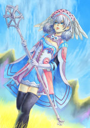 Rule 34 | 1girl, black thighhighs, blue eyes, cape, day, dress, feet out of frame, from below, gloves, hat, head wings, highres, holding, holding staff, lips, melia antiqua, outdoors, short dress, silver hair, sky, solo, staff, standing, thighhighs, vvbert, white gloves, wings, xenoblade chronicles (series), xenoblade chronicles 1
