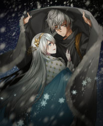 Rule 34 | 1boy, 1girl, anastasia (fate), blue cape, brown eyes, cape, fate/grand order, fate (series), fur trim, grey cape, grey eyes, hair between eyes, hairband, holding, holding cape, holding clothes, kadoc zemlupus, kanagawa haiji, long hair, looking at viewer, night, outdoors, piercing, silver hair, snowing, very long hair, yellow hairband