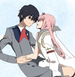 Rule 34 | 10s, 1boy, 1girl, akamsilver, bad id, bad twitter id, black hair, blue eyes, blush, coat, commentary request, couple, crying, crying with eyes open, darling in the franxx, face-to-face, facing another, forehead-to-forehead, green eyes, hair ornament, hairband, hand on another&#039;s arm, heads together, hetero, hiro (darling in the franxx), horns, jacket, jacket on shoulders, long coat, long hair, long sleeves, looking at another, military, military uniform, necktie, oni horns, pink hair, red horns, red neckwear, short hair, tears, uniform, white coat, white hairband, zero two (darling in the franxx)