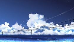 Rule 34 | blue sky, chinese commentary, cloud, commentary request, contrail, highres, no humans, ocean, original, outdoors, power lines, road, rune xiao, scenery, signature, sky, star (sky), starry sky, still life, utility pole