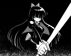 Rule 34 | 10s, 1girl, black hair, blue eyes, blunt bangs, bow, breasts, gainax, greyscale, hair bow, hime cut, long hair, monochrome, namaco, panty &amp; stocking with garterbelt, solo, spot color, stocking (psg), sword, weapon