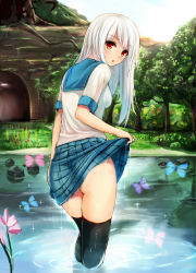 Rule 34 | 1girl, ass, black thighhighs, blush, bug, butterfly, clothes lift, day, eyebrows, highres, insect, kero (tomoki-tiger), lifted by self, long hair, looking at viewer, looking back, open mouth, original, outdoors, pond, red eyes, school uniform, short sleeves, silver hair, skirt, skirt lift, solo, thighhighs, tree, water, wet