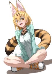Rule 34 | 1girl, :d, alternate costume, animal ear fluff, animal ears, aqua jacket, blonde hair, casual, dress, extra ears, full body, hair between eyes, highres, indian style, jacket, kemono friends, looking at viewer, open mouth, orange eyes, serval (kemono friends), shoes, simple background, sitting, smile, solo, tail, tanabe (fueisei), white background, white dress