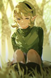 Rule 34 | 1girl, black hairband, blurry, blurry background, blurry foreground, boots, feet out of frame, forest, grass, green eyes, green hair, green sweater, green tunic, hair between eyes, hairband, highres, kokiri, long sleeves, looking at viewer, nature, nintendo, outdoors, pointy ears, saria (zelda), short hair, sitting, smile, solo, sweater, swept bangs, ten 1397xx, the legend of zelda, the legend of zelda: ocarina of time, tree, turtleneck