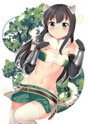 Rule 34 | 1girl, animal ear fluff, animal ears, armor, asashio (kancolle), bandeau, belt, black gloves, black hair, blue eyes, blush, breasts, brown belt, closed mouth, commentary request, cosplay, cowboy shot, eyebrows hidden by hair, fake animal ears, fake tail, fingerless gloves, frown, fur collar, gauntlets, gloves, green skirt, groin, hair between eyes, highres, kantai collection, long hair, looking at viewer, midriff, miniskirt, navel, paw pose, princess connect!, shiori (princess connect!), shiori (princess connect!) (cosplay), shoulder armor, sidelocks, single bare shoulder, skindentation, skirt, small breasts, solo, standing, standing on one leg, striped clothes, striped skirt, striped tail, tail, taut clothes, thighhighs, tiger ears, tiger tail, tree, vertical-striped clothes, vertical-striped skirt, white background, white thighhighs, yasume yukito, zettai ryouiki