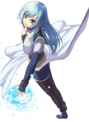 Rule 34 | 1girl, black pantyhose, blue eyes, blue hair, coat, cuboon, from above, full body, highres, long hair, maria traydor, matching hair/eyes, pantyhose, shoes, skirt, smile, solo, square enix, star ocean, star ocean till the end of time, white background, zodiac
