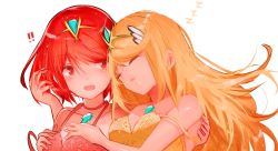 Rule 34 | !, !!, 2girls, bare arms, bare shoulders, breasts, collarbone, commentary request, dress, drooling, closed eyes, feet out of frame, hair ornament, headpiece, highres, long hair, medium breasts, multiple girls, mythra (xenoblade), nintendo, open mouth, orange hair, pyra (xenoblade), red dress, red eyes, red hair, saliva, short dress, simple background, sleeping, strap slip, tarbo (exxxpiation), upper body, very long hair, white background, xenoblade chronicles (series), xenoblade chronicles 2, yellow dress, zzz