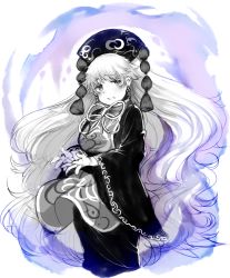 Rule 34 | 1girl, blush, greyscale, hat, iroyopon, junko (touhou), long hair, long sleeves, looking at viewer, monochrome, open mouth, solo, touhou, very long hair