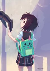 Rule 34 | 1girl, animal bag, backpack, bag, black hair, black skirt, black vest, closed mouth, commentary request, cowboy shot, expressionless, from behind, holding, looking at viewer, looking back, marvel, mecha, medium skirt, messy hair, nzz, outdoors, peni parker, pleated skirt, profile, purple eyes, robot, shirt, short hair, short sleeves, silhouette, skirt, sp//dr, spider-man: into the spider-verse, spider-man (series), spider-verse, standing, sweater vest, twitter username, vest, white shirt