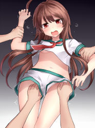 Rule 34 | 10s, 1girl, ahoge, arm grab, breasts, brown eyes, brown hair, commentary request, crying, crying with eyes open, groping, highres, kantai collection, kuma (kancolle), long hair, navel, neckerchief, neit ni sei, no bra, open mouth, panties, revision, school uniform, serafuku, shaking head, shorts, small breasts, solo focus, tears, underboob, underwear, upshirt, upshorts