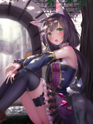 Rule 34 | 2girls, :o, against tree, ahoge, animal ear fluff, animal ears, arch, black hair, black legwear, blush, cat, cat ears, cat girl, cat tail, dappled sunlight, day, detached sleeves, dress, fang, feet out of frame, frilled dress, frilled sleeves, frills, from side, gem, green eyes, highres, karyl (princess connect!), knees up, long hair, long sleeves, looking at viewer, looking to the side, low twintails, mizuya nao, multicolored clothes, multicolored dress, multicolored hair, multiple girls, on ground, open mouth, orange hair, outdoors, pecorine (princess connect!), princess connect!, sitting, solo focus, streaked hair, sunlight, tail, thigh strap, thighhighs, tree, twintails, very long hair, white hair