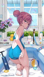 Rule 34 | 1girl, adjusting clothes, adjusting swimsuit, ass, backless swimsuit, ball, bare arms, bare legs, bare shoulders, barefoot, beachball, blue one-piece swimsuit, bubble, closed mouth, commentary request, competition swimsuit, faucet, flower, from behind, hair bun, highres, indoors, liclac, looking at viewer, looking back, one-piece swimsuit, original, pink hair, purple eyes, purple flower, rubber duck, solo, swimsuit, wading pool, window