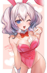 1girl alternate_costume animal_ears between_breasts blue_eyes bow bowtie breasts detached_collar fake_animal_ears grey_hair highleg highleg_leotard kantai_collection kashima_(kancolle) large_breasts leotard long_hair looking_at_viewer makina00 one_eye_closed open_mouth pink_leotard playboy_bunny rabbit_ears red_bow red_bowtie smile solo strapless strapless_leotard teeth twintails upper_teeth_only wavy_hair white_wrist_cuffs wrist_cuffs