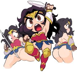 Rule 34 | 1girl, armor, armpits, ass, bare shoulders, between labia, black hair, blue skirt, blush, bracer, brown eyes, chibi, cropped legs, dc comics, eyelashes, female pubic hair, fingerless gloves, gashi-gashi, gloves, greaves, highres, holding, holding sword, holding weapon, long hair, no panties, open mouth, pubic hair, rope, simple background, skirt, solo, spread legs, superhero costume, sword, thick thighs, thighs, tiara, weapon, white background, wonder woman, wonder woman (series)