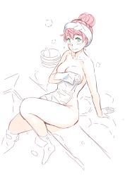 Rule 34 | 1girl, akashi (kancolle), arm support, bath, blue eyes, breasts, bucket, cleavage, closed mouth, commentary request, convenient leg, covering privates, hair bun, highres, kantai collection, large breasts, looking at viewer, nude, nude cover, onsen, pink hair, simple background, single hair bun, sitting, sketch, smile, solo, towel, towel on head, white background, yuuji (and)
