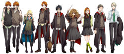 Rule 34 | 3girls, 6+boys, ^ ^, animification, annotated, black socks, blouse, broom, brother and sister, brothers, carrying, carrying under arm, closed eyes, coat, collared shirt, draco malfoy, eyelashes, fred weasley, full body, george weasley, ginny weasley, green necktie, green shirt, hair between eyes, hair over one eye, harry potter, harry potter (series), hermione granger, hogwarts school uniform, hood, hooded coat, kneehighs, legs apart, legs together, lineup, luna lovegood, miniskirt, multiple boys, multiple girls, nakagawa waka, necktie, neville longbottom, pantyhose, purple shirt, red necktie, ron weasley, round eyewear, school uniform, shirt, siblings, side-by-side, simple background, skirt, sleeves rolled up, socks, standing, swept bangs, twins, unworn coat, wand, wavy hair, white background, white shirt, wizarding world, yellow shirt
