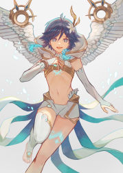 Rule 34 | 1boy, absurdres, alca8811, alternate costume, androgynous, barefoot, black hair, blue eyes, blue hair, braid, bridal gauntlets, bridal legwear, capelet, chest tattoo, commentary request, crop top, elbow gloves, feathered wings, flower, genshin impact, gloves, glowing, glowing hair, gradient hair, hair flower, hair ornament, hand on own chest, highres, hood, hood down, hooded capelet, leg tattoo, looking at viewer, male focus, midriff, multicolored hair, navel, open mouth, short hair with long locks, shorts, simple background, single thighhigh, sleeveless, smile, solo, tattoo, thighhighs, twin braids, venti (archon) (genshin impact), venti (genshin impact), white background, white flower, white shorts, white thighhighs, white wings, wings