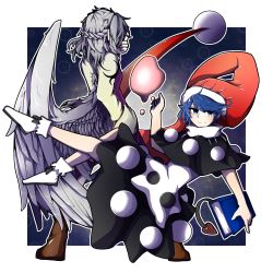 Rule 34 | 2girls, black capelet, black dress, blob, blue eyes, blue hair, book, border, braid, brown footwear, capelet, closed mouth, doremy sweet, dream soul, dress, french braid, full body, grey hair, hat, highres, holding, holding book, hurin raika, kishin sagume, long sleeves, looking at viewer, multicolored clothes, multicolored dress, multiple girls, nightcap, pom pom (clothes), red headwear, short hair, single wing, smile, touhou, white border, white dress, white footwear, wings