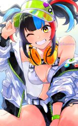 Rule 34 | 1girl, badge, bare shoulders, bikini, black hair, black shorts, blue hair, blush, breasts, button badge, cleavage, fate/grand order, fate (series), green hat, grin, hat, headphones, headphones around neck, highres, jacket, large breasts, long hair, long sleeves, looking at viewer, multicolored hair, off shoulder, one eye closed, open clothes, open jacket, red hair, sei shounagon (fate), sei shounagon (swimsuit berserker) (fate), short shorts, shorts, sidelocks, smile, solo, somemiya suzume, swimsuit, thighs, twintails, visor cap, white bikini, white jacket, yellow eyes
