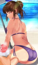 Rule 34 | 1girl, absurdres, ass, beach, beach umbrella, breasts, brown hair, closed mouth, disembodied limb, food, highres, large breasts, looking at viewer, medium breasts, purple eyes, scryed, shaved ice, short hair, smile, swimsuit, terada ayase, tomo0843, umbrella, water