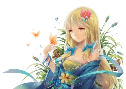 Rule 34 | 1girl, blonde hair, breasts, bubble, bug, butterfly, cleavage, detached sleeves, flower, grass, hair flower, hair ornament, hair ribbon, bug, japanese clothes, lolita fashion, long hair, original, plant, reeds, ribbon, smile, solo, tidsean, wa lolita, yellow eyes